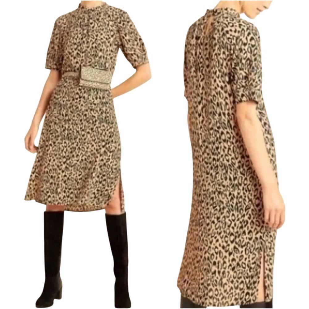 Anthropologie Mackenzie Midi Dress Slit Leopard Print Mock Neck Tan Black Small
